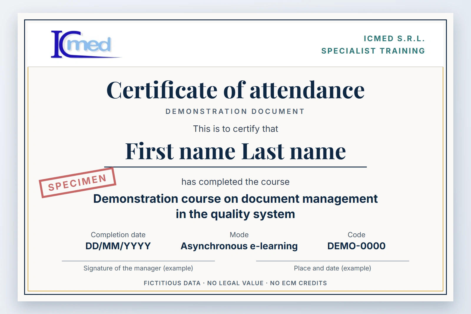 Demonstration example of a certificate of attendance, with fictitious data and no legal value
