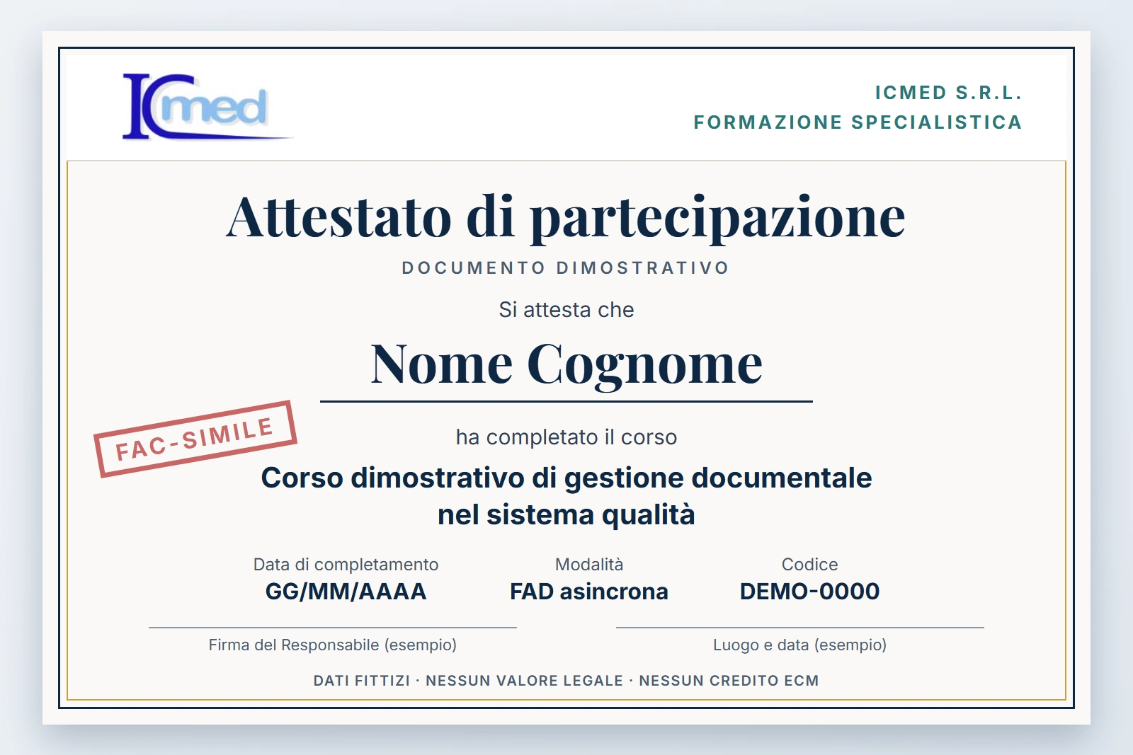 Esempio dimostrativo di attestato di partecipazione, con dati fittizi e senza valore legale
